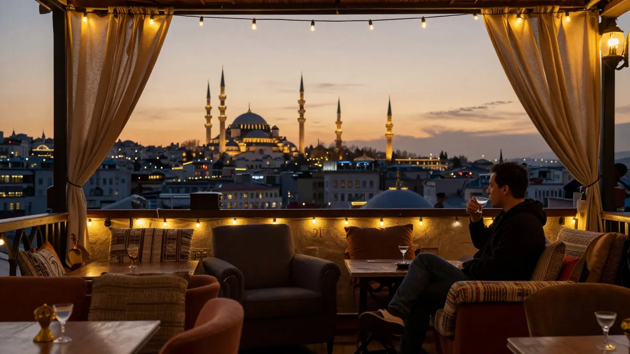 Quiet rooftop terrace in Taksim with city lights and a lone person enjoying raki at night.