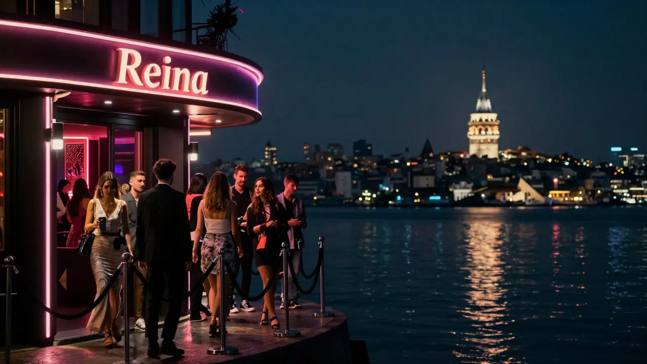 Reina nightclub at midnight with a crowd entering under pulsing lights beside the Bosphorus.