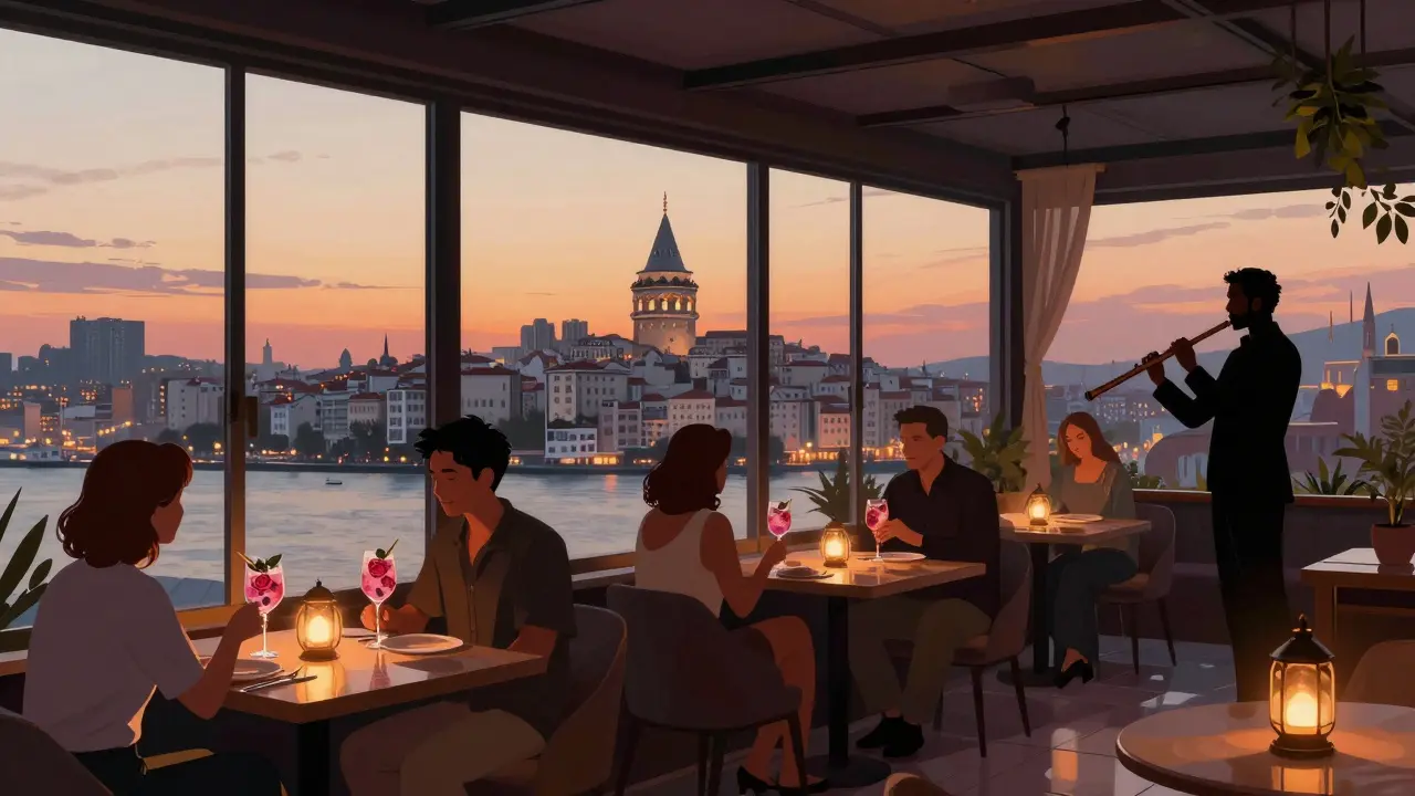 Rooftop bar overlooking the Golden Horn at sunset, guests drinking cocktails with Galata Tower in the background.