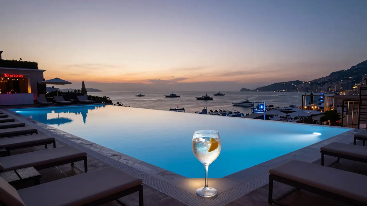 Rooftop infinity pool at dawn with neon lights fading, empty chairs, and yachts on the harbor.