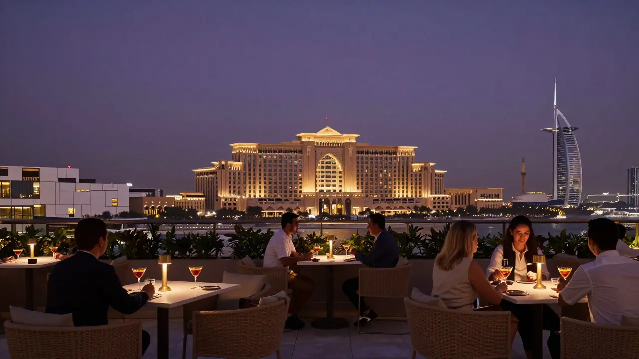 Rooftop view of Abu Dhabi's skyline at twilight with guests enjoying quiet cocktails and ambient lighting.
