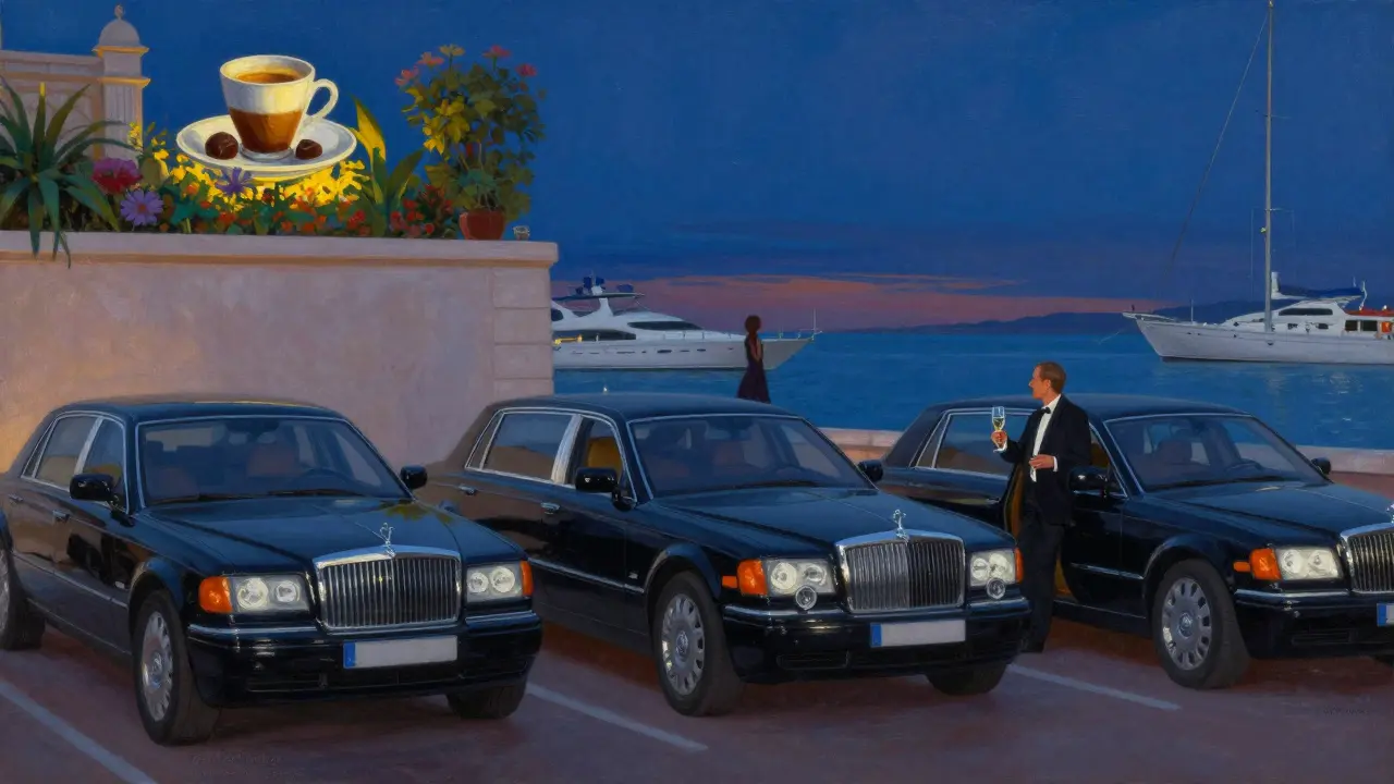 Silent black limos by the harbor at dawn as a man steps out with champagne, a woman stands on a yacht, and a rooftop garden glows softly above.