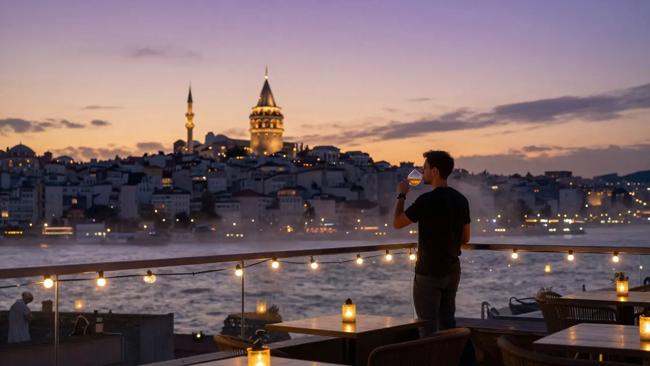 Silhouetted person on a rooftop terrace overlooking Istanbul's historic skyline at twilight.