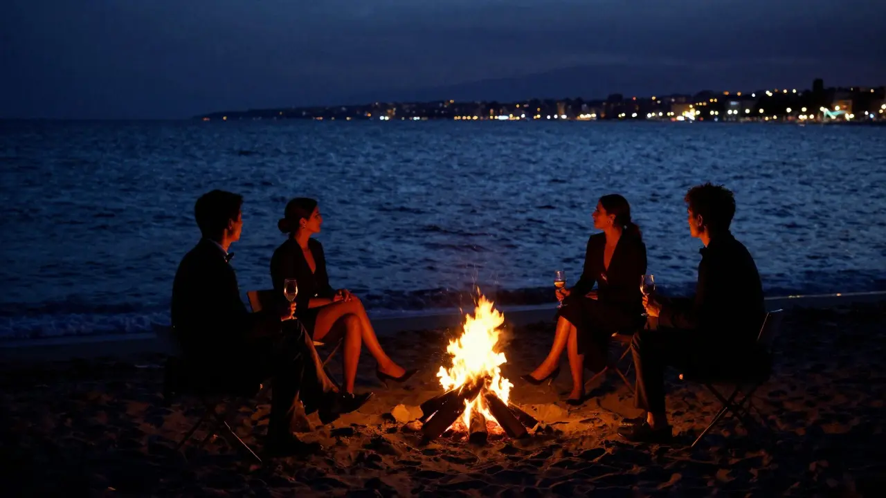Silhouettes by a beachside bonfire at dawn, wine glasses in hand, calm sea under starlight.