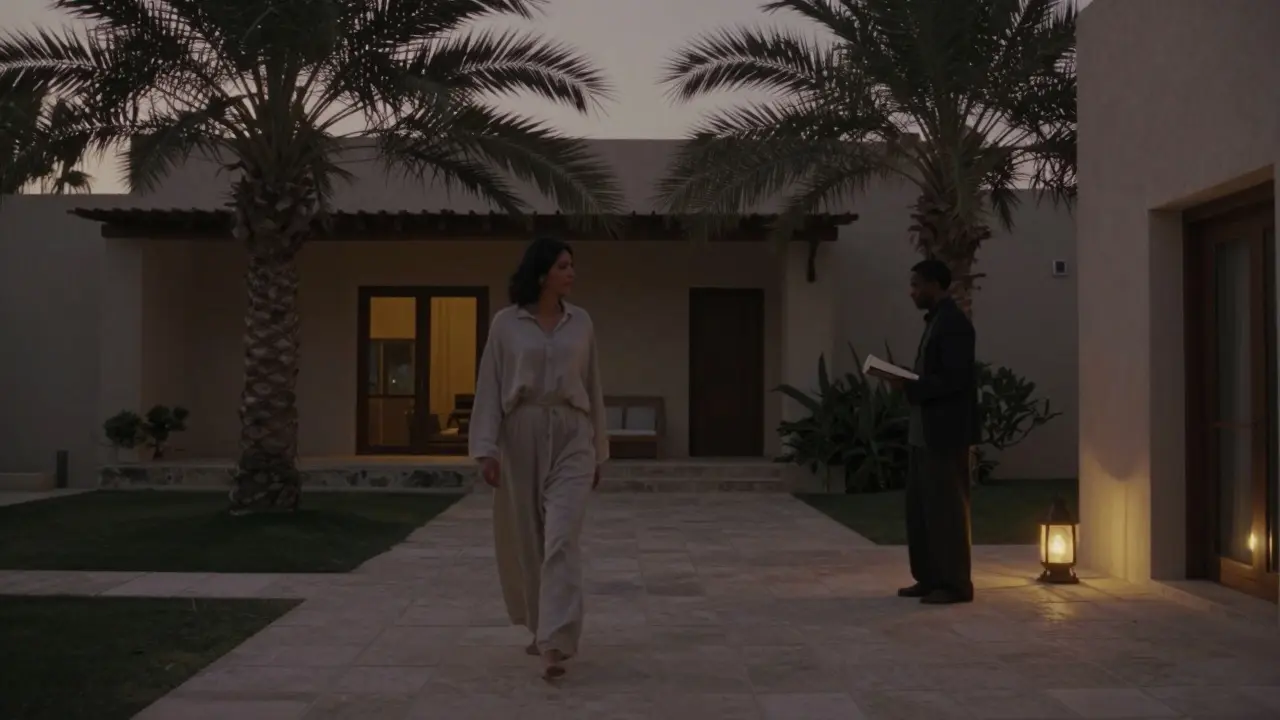 Silhouettes of a companion and client in a serene villa courtyard at twilight.