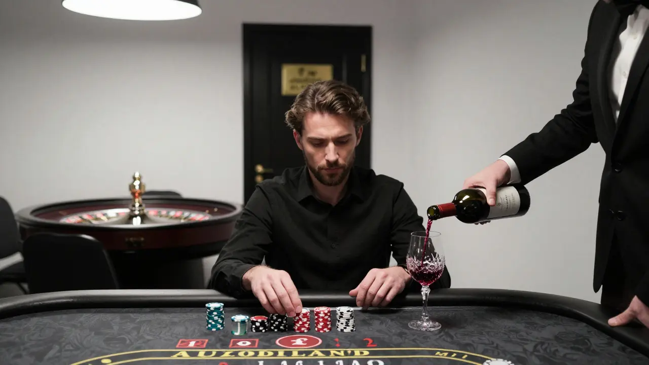 Solitary high-roller at a baccarat table with wine and chips, quiet Mayfair casino atmosphere.