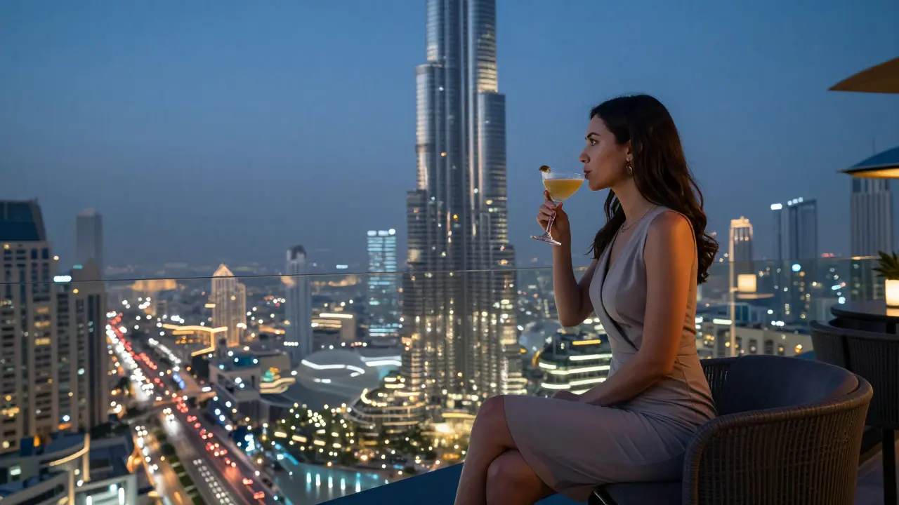 Solo traveler enjoying a cocktail on a quiet rooftop with Burj Khalifa illuminated in the distance.