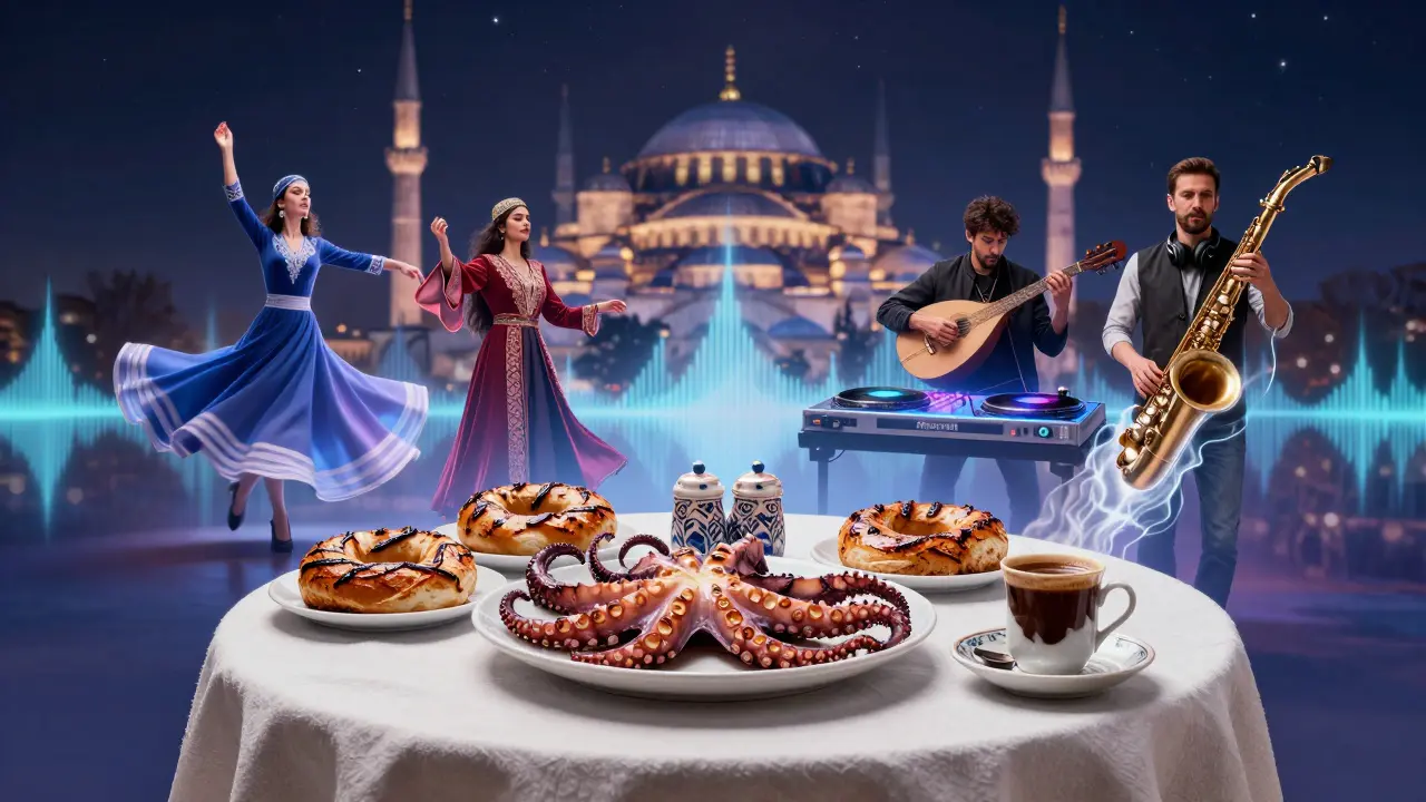 Surreal table with Istanbul street food surrounded by floating cultural figures and blended music elements.