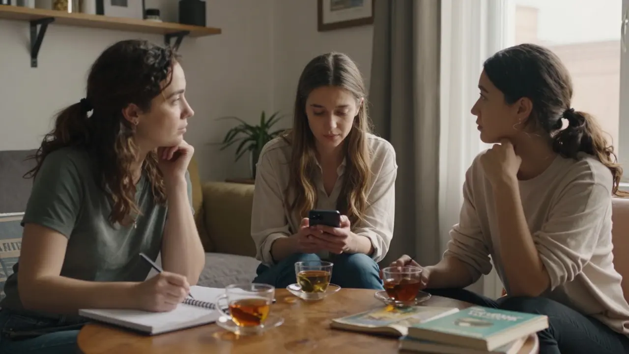 Three women share a quiet moment in a cozy downtown apartment, sharing tea and quiet companionship.