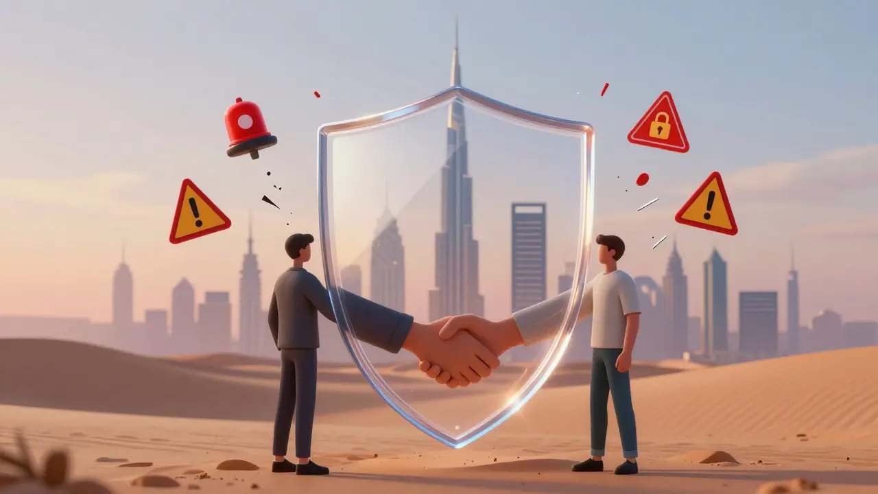 Transparent shield shaped like Dubai’s skyline protecting a handshake from breaking legal warnings.