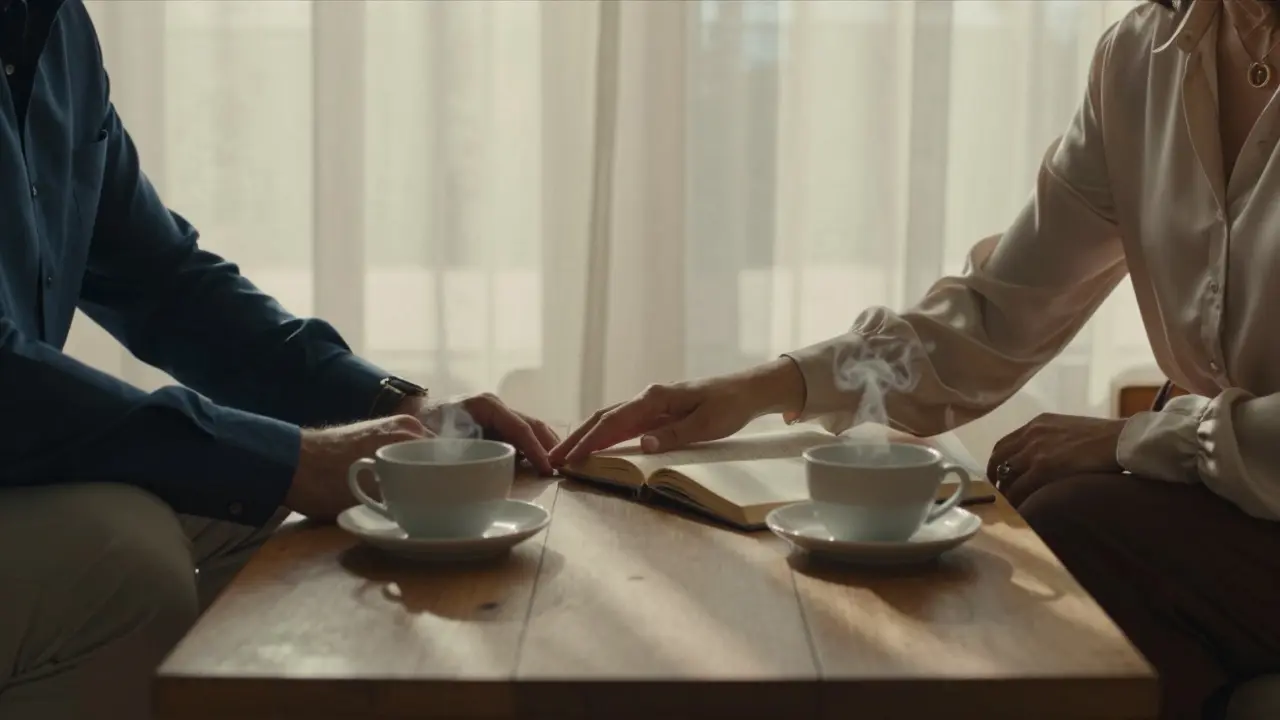 Two hands touching gently across a coffee table with tea and an open book, no faces visible.