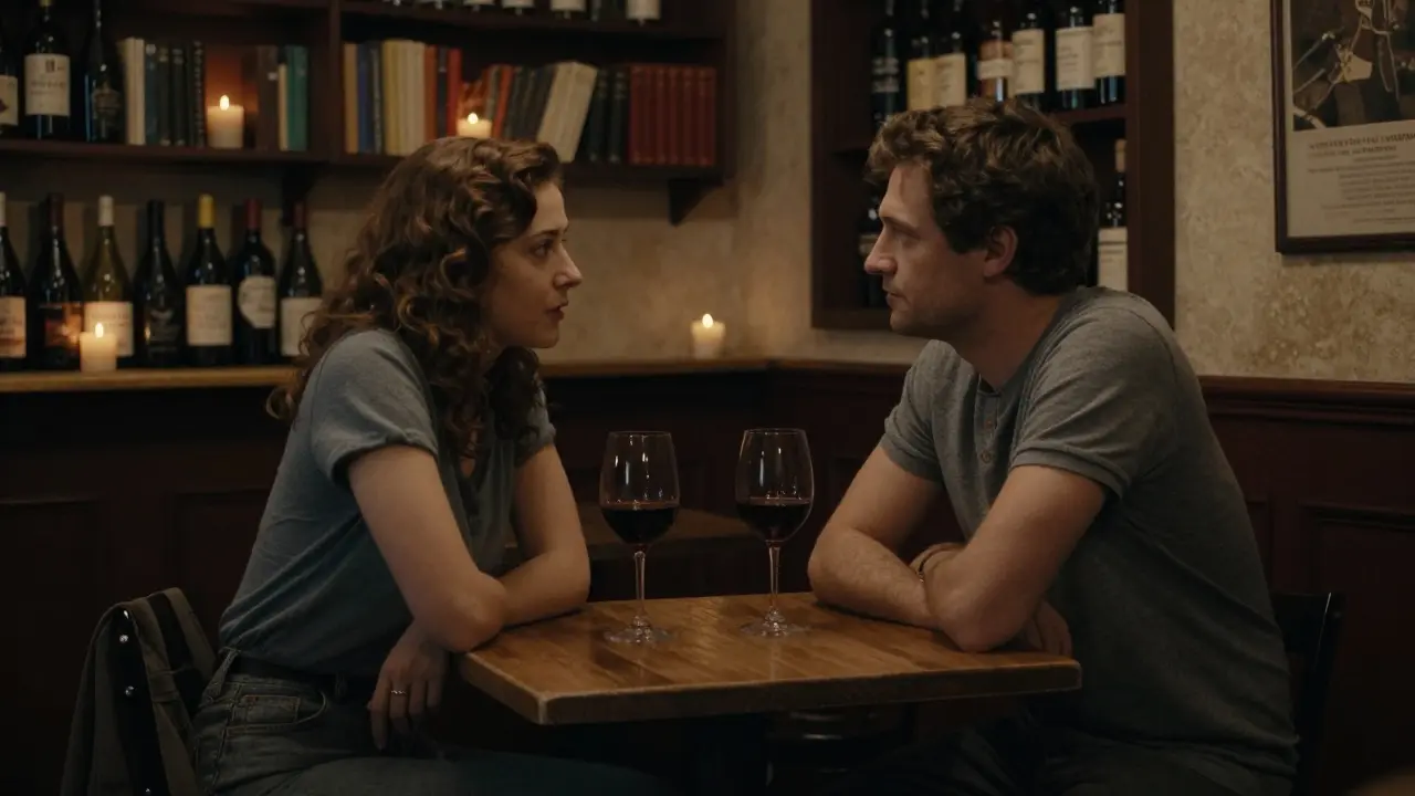 Two people share a quiet moment in a cozy Le Marais wine bar, candlelight reflecting in their glasses.