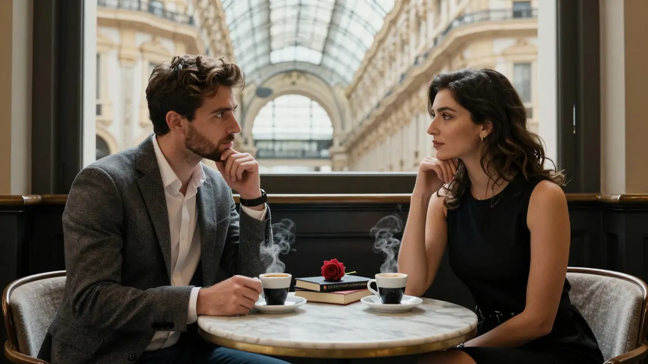 Two people share a thoughtful moment over espresso in a classic Milanese café.