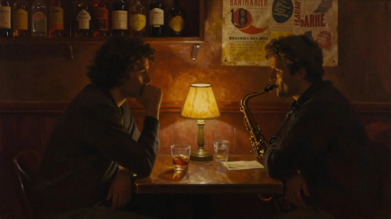 Two people sit in quiet companionship at a dimly lit jazz bar in Soho, warm light, bourbon glass on table, saxophone implied.