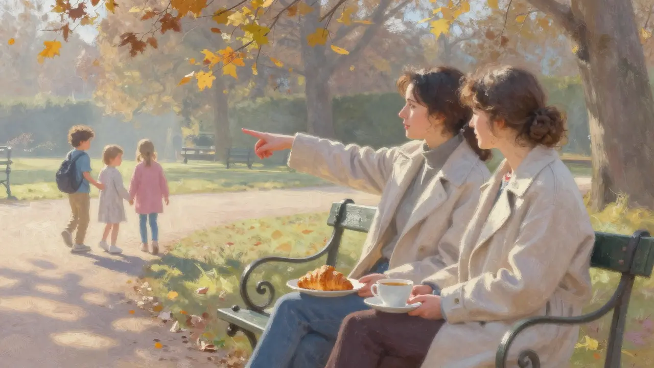 Two people sit peacefully on a garden bench in Luxembourg Gardens, watching children play at dawn.