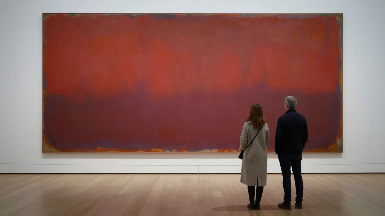 Two people standing quietly before a Rothko painting in the empty Tate Modern at dawn.
