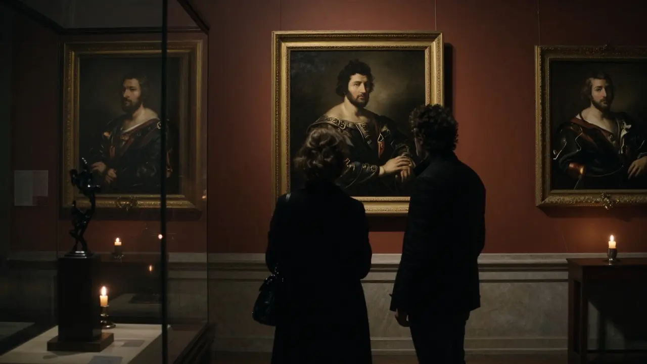 Two people viewing art in the quiet, candlelit Brera Gallery after hours.