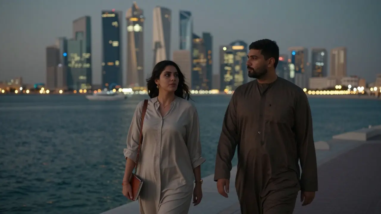 Two people walking peacefully along the Corniche promenade at night, engaged in thoughtful conversation.