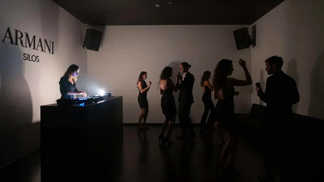 Underground club interior with stylish guests dancing under a single spotlight in a minimalist space.