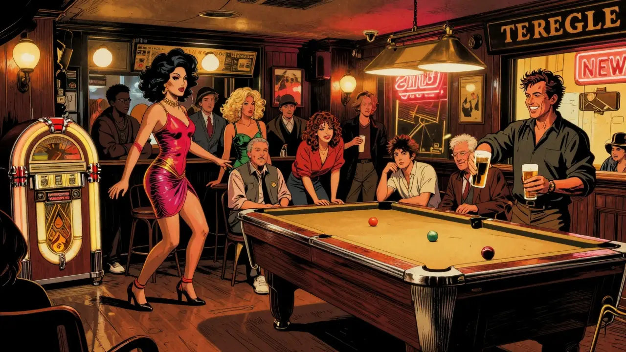 Vibrant pub scene in Soho with diverse patrons, a jukebox, and a bartender pouring drinks under warm lights.