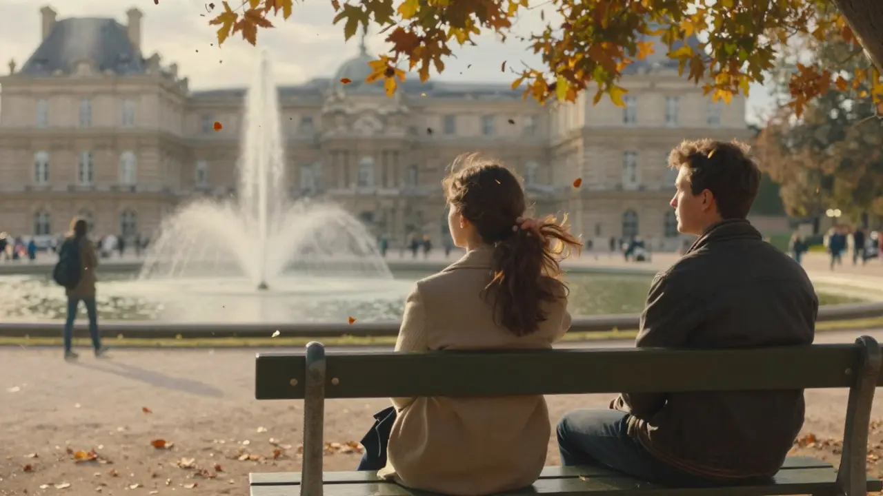Woman on a bench in Luxembourg Gardens at golden hour, autumn leaves drifting around her.