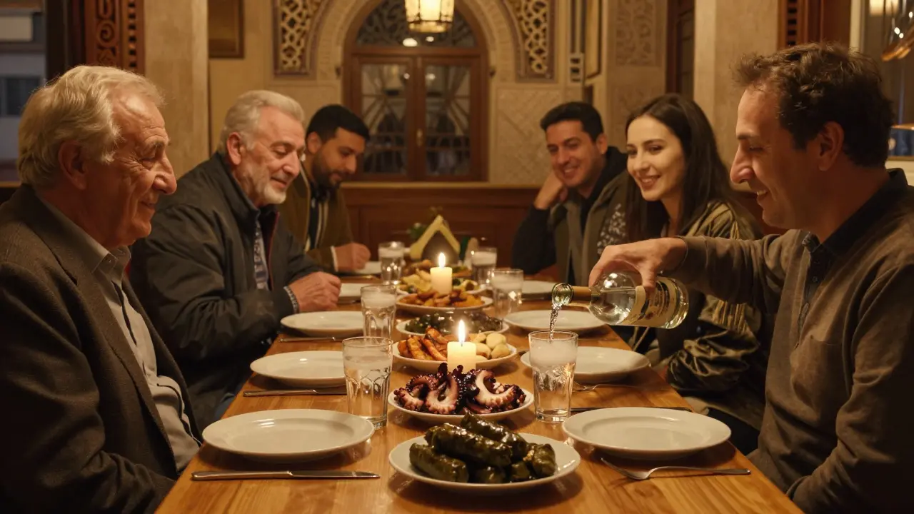A candlelit table at an Ottoman-era restaurant with shared meze and raki being poured at midnight.