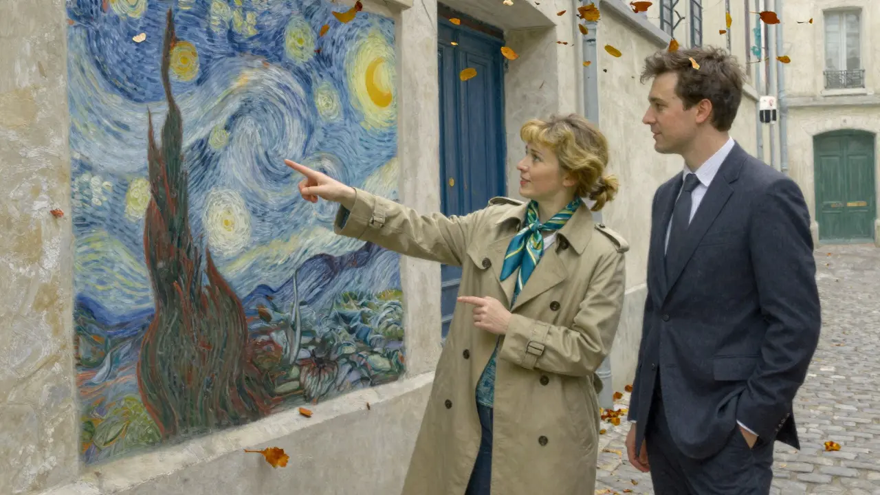 A companion and client discuss Van Gogh's art before a hidden mural in Montmartre.