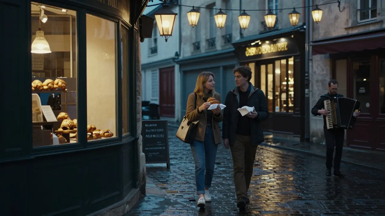 A companion and client share a croissant under lantern lights in Le Marais, evening reflections glowing on wet pavement.