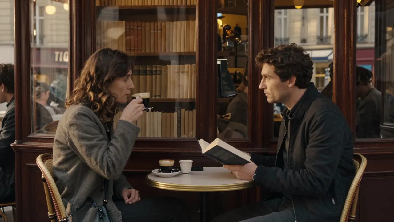 A couple conversing at a classic Parisian café, books and espresso on the table, afternoon light streaming through windows.