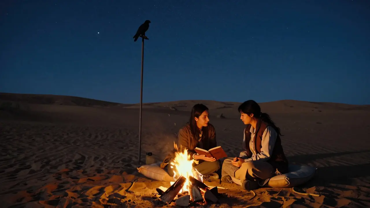 A couple shares a quiet moment under desert stars, seated beside a small fire with a book between them.