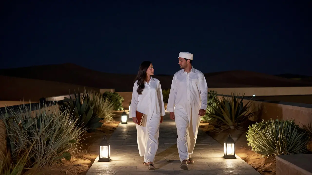 A couple walking through a desert rooftop garden under starlight, surrounded by lanterns and dunes.