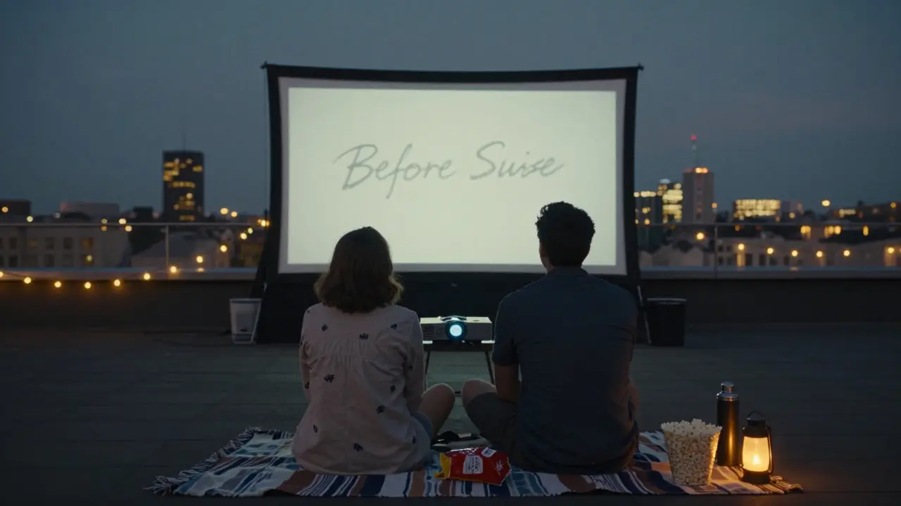 A couple watching a movie on a rooftop cinema under the stars in summer Berlin, city lights glowing behind them.