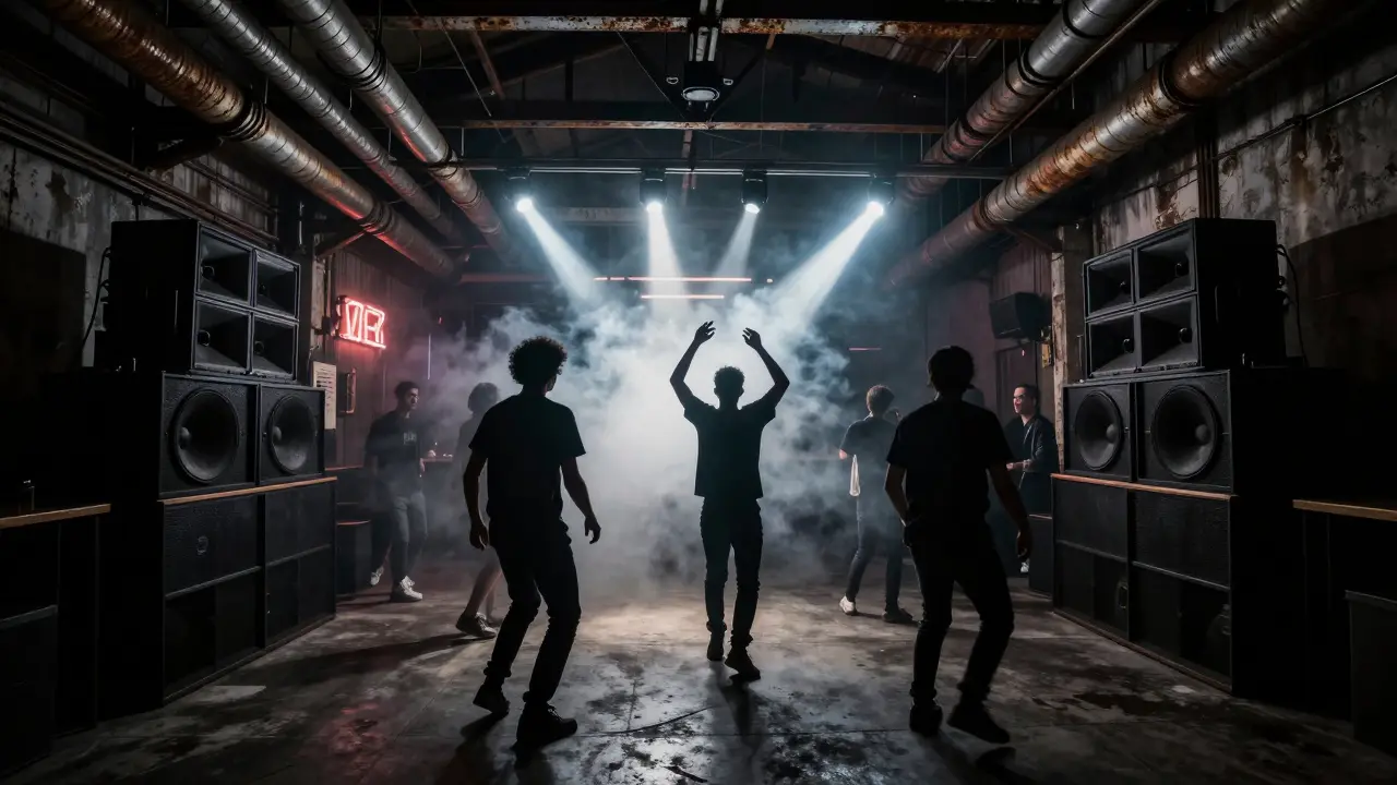 A crowd dancing in a dark, industrial underground club under railway tracks.