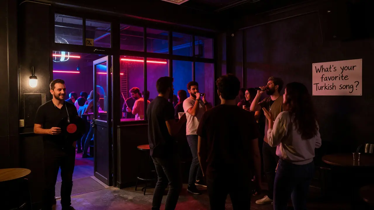 A dim warehouse club in Şişli where locals gather to music, a bouncer smiles at the entrance holding a vinyl record.