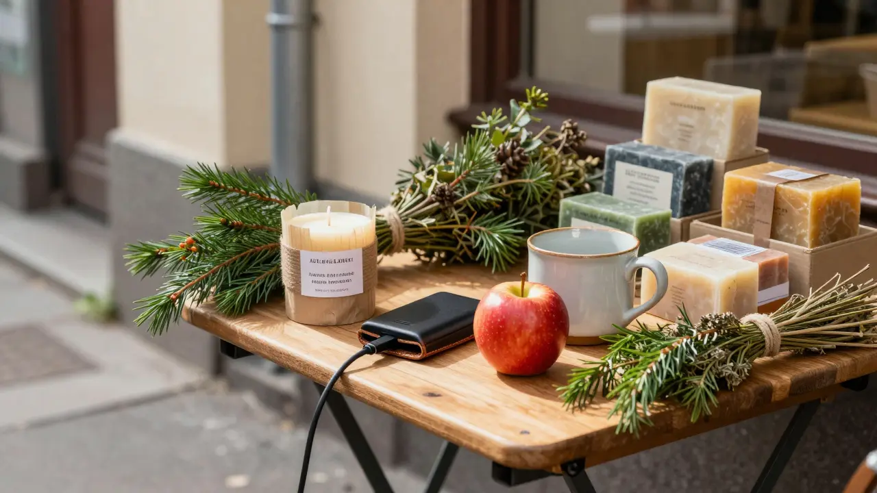 A handmade candle, red apple, and wireless charger displayed on a market table in Neukölln, Berlin.