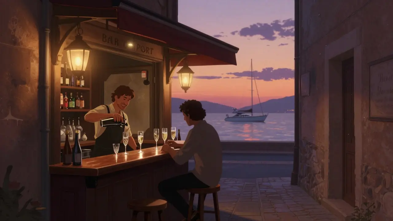 A hidden bar tucked behind a seafood stall, with locals sipping champagne as the sunset reflects on the water.