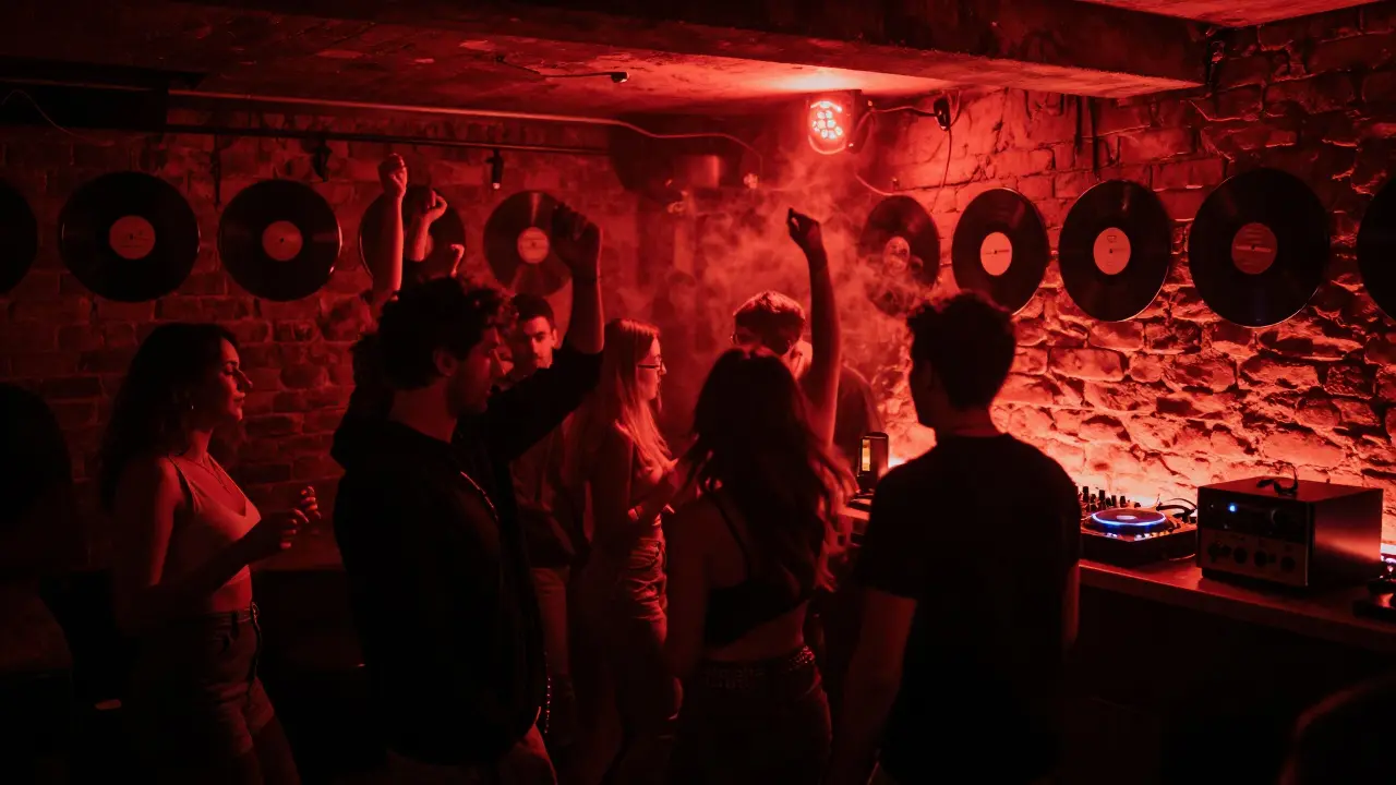A hidden basement club in Istanbul with dancers under red lights, surrounded by vintage records and smoke.