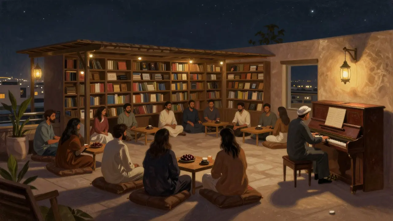 A hidden rooftop bar with a pianist playing under the stars, surrounded by a small attentive crowd.