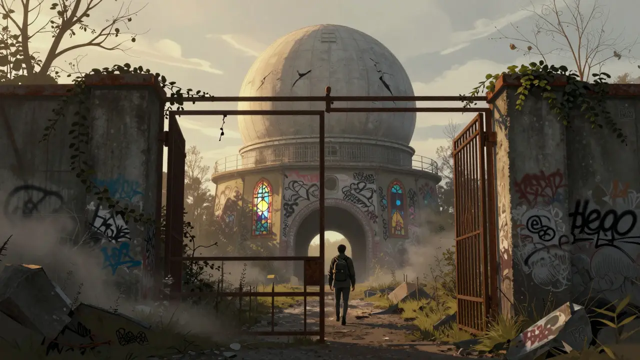 A hidden tunnel beneath Teufelsberg’s radar dome glows with vibrant graffiti as golden sunlight filters through cracks in the concrete.