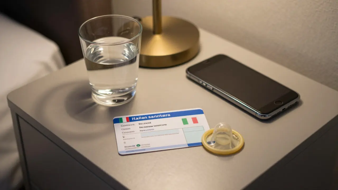 A hotel nightstand with a health card and condom placed beside a glass of water and a muted phone.