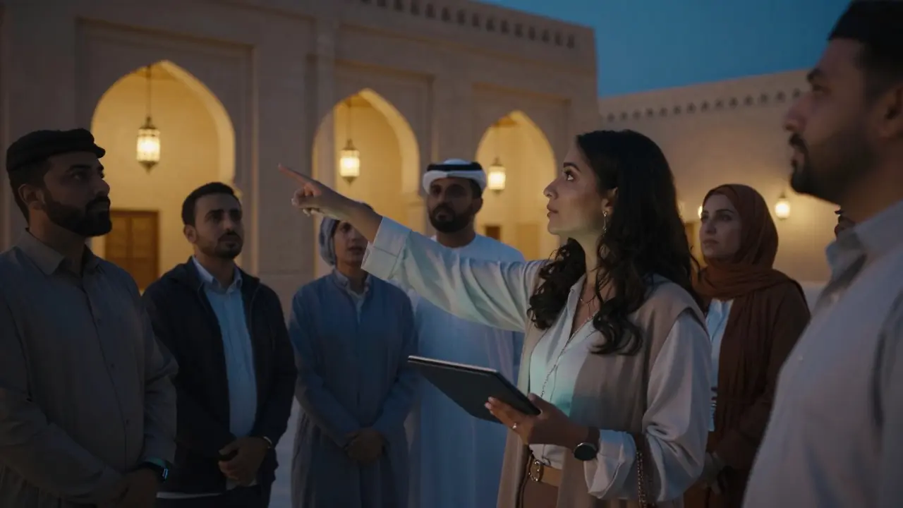 A knowledgeable companion guides guests through an evening tour of Qasr Al Watan, highlighting cultural architecture under soft lighting.