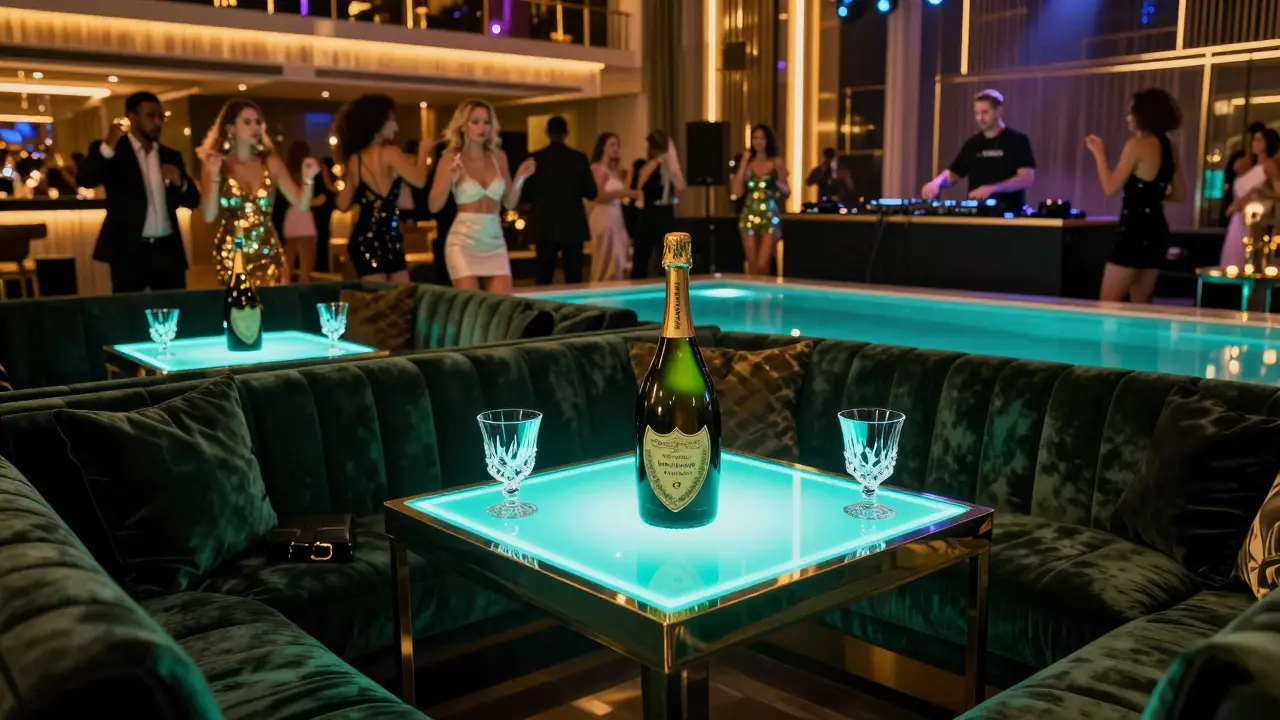 A luxurious nightclub scene with a VIP table, glowing bottles, and dancing crowd under neon lights.