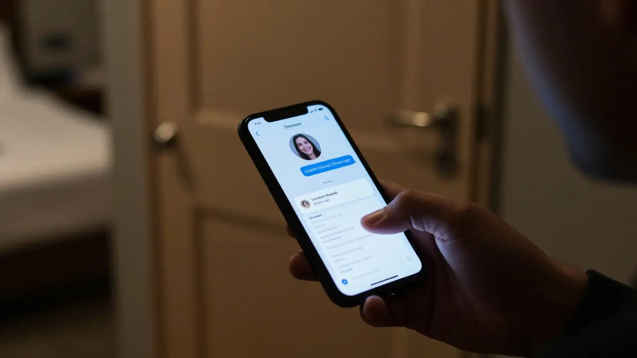 A man's hand hovering over a phone displaying a Telegram chat and payment receipt, with a hotel room door slightly open in the background.