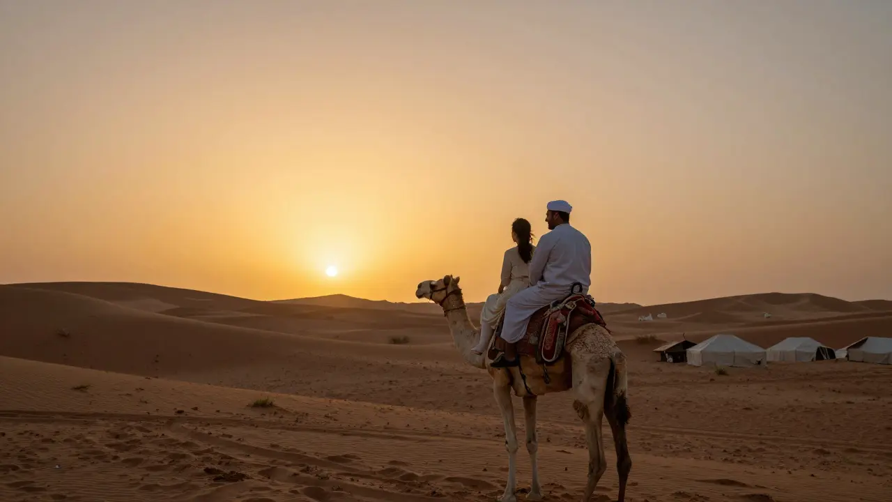 A man and woman on a camel ride at sunset in the Dubai desert, surrounded by dunes and traditional tents, in quiet harmony.