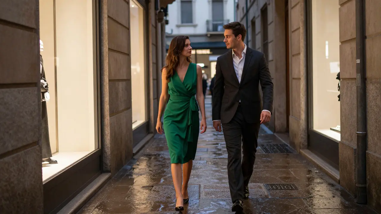A man and woman pass in Milan's fashion district at night, dressed in refined dark suits and elegant dresses under soft boutique lights.