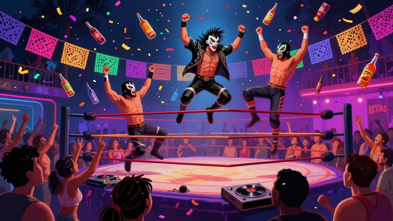 A Mexican-themed club where masked wrestlers perform on a ring surrounded by dancing crowds and vibrant lights.