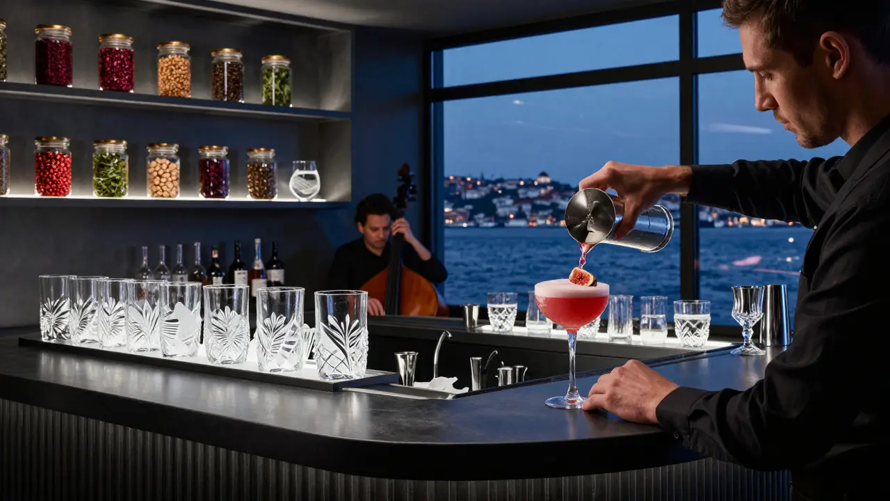 A modern bar serving crafted cocktails with Turkish ingredients under soft ambient lighting.