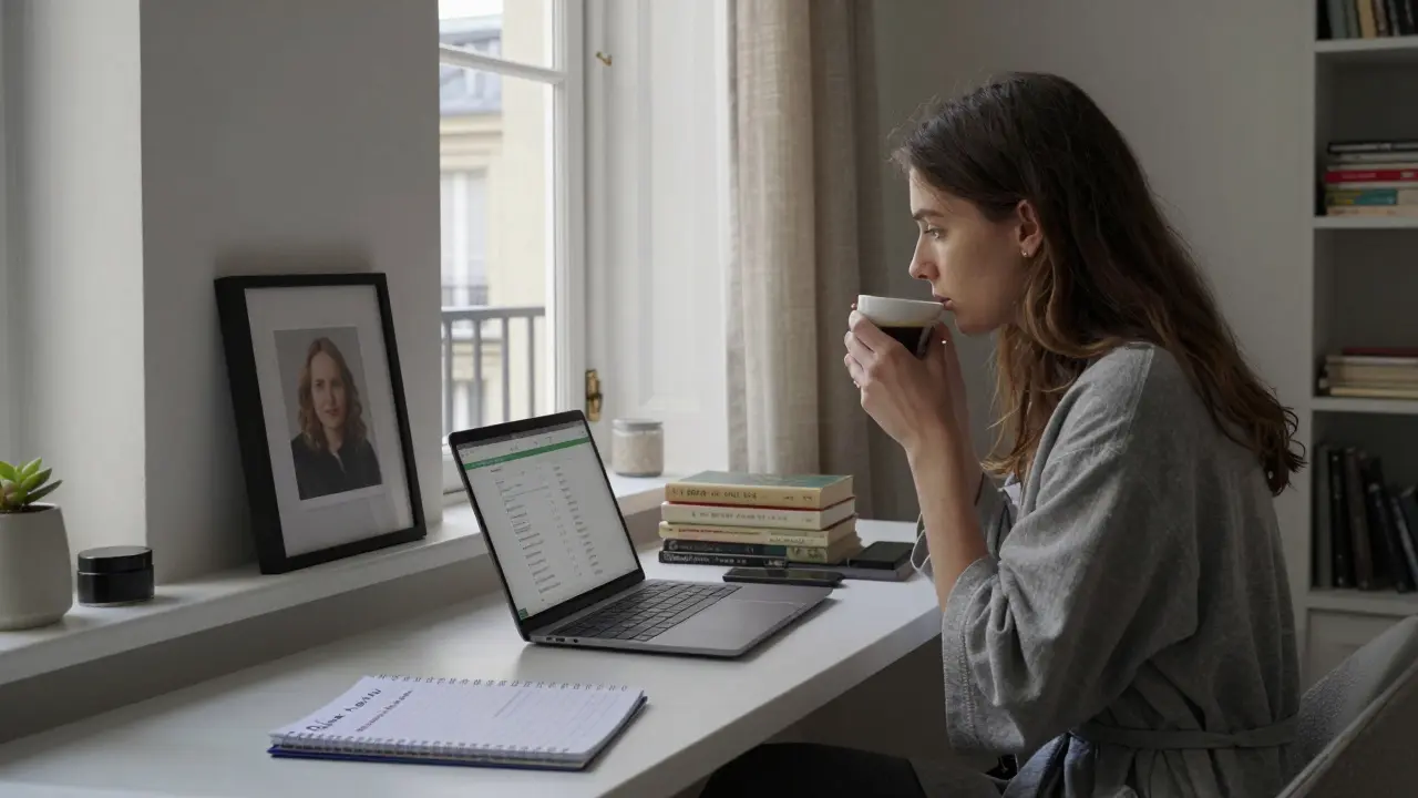 A modern escort in a Paris apartment at dawn, sipping coffee while using an encrypted messaging app.