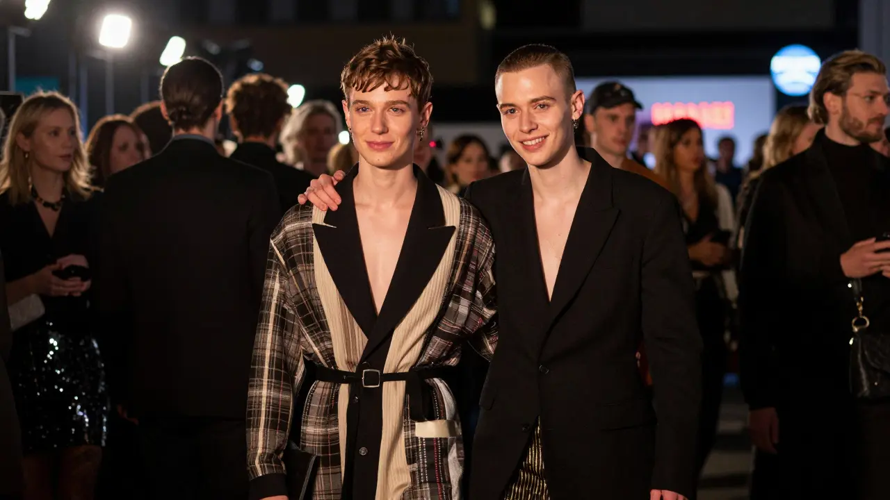 A non-binary escort walks arm-in-arm with a guest at Berlin Fashion Week, surrounded by blurred lights and fashion crowds.