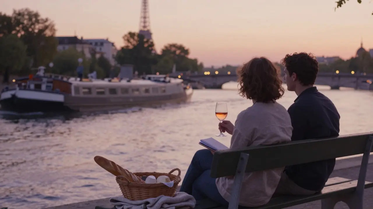 A peaceful moment by the Canal Saint-Martin at sunset, with a blanket, food, and a glass of wine, the city softly glowing behind them.